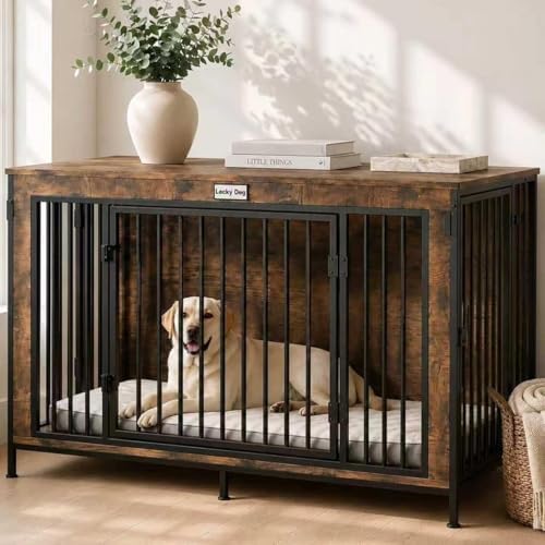 XL Dog Crate Furniture 48'' | Extra Large Heavy Duty Anti-Chew Dog Kennel | Rustic Wooden Entertainment Center & TV Stand with 400LB Top Capacity | Escape Proof Double Door Pet House