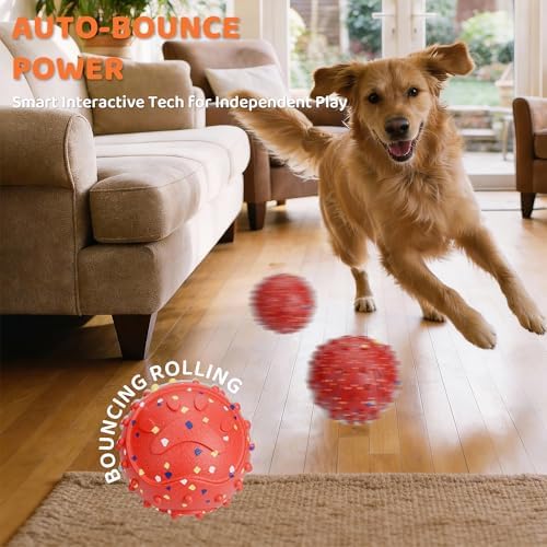 Interactive Dog Balls, Durable Motion Activated Automatic Rolling Ball for Aggressive Chewers, Indestructible Dog Toy Ball for Training Dog Catch and Fetch, Large Medium Small Dog (3in, Red)