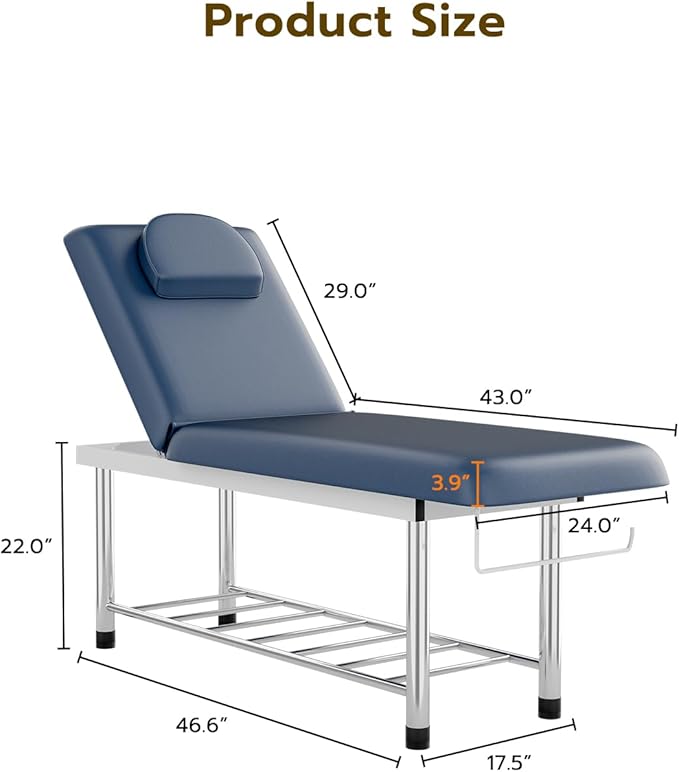 SyyBhb Professional Stationary Massage Table, 550lbs Heavy Duty Wide Exam Bed for Treatment, Backrest Adjustable, Removable Headrest, Bottom Shelf Storage and Towel Hook, Blue