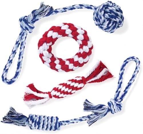 Depets Dog Rope Toys for Small Dogs, 4-Pack Durable Puppy Rope Chew Toys for Teething, Puppy Tug of War Interactive Toy, Washable Knot Dog Toy for Dental Care & Anxiety Relief