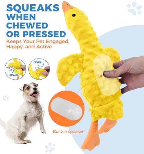 Squeaky Plush Dog Toy for All Breeds, Multifunctional Goose Dog Toy with Honking Sound, Crinkle Paper, Treat Pocket, Durable Soft Stuffed Animal for Chewing, Cuddling, Interactive Play (Yellow)