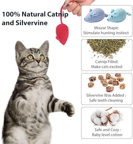 Catnip Toys Crochet Mouse, 6 Pcs Yarn Cat Nip Mice Safe Teeth Cleaning Chew Toy for Indoor Kittens Kitty, Adult Cats Interactive Catnip Cat Kicker Toys Anxiety Relief