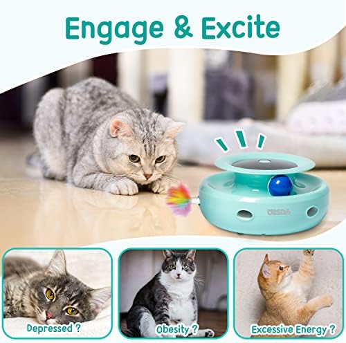 ORSDA Cat Toys 2-in-1 Interactive Cat Toys for Indoor Cats, Automatic Cat Toy Balls, Mice Toys Ambush Feather Kitten Toys with 7pcs Attachments, Dual Power Supplies, Adjustable Speed, Auto On/Off