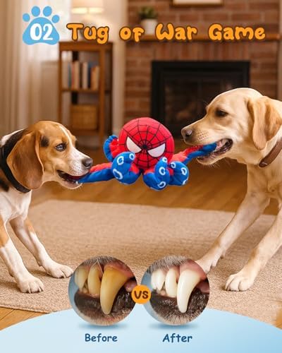 3 in 1 Tear Apart Squeaky Dog Toy - Spider Stuffed Rip and Reveal Dog Toy, Plush Interactive Pet Toy with Spikey Ball Inside for Small Medium Pets to Keep Them Busy