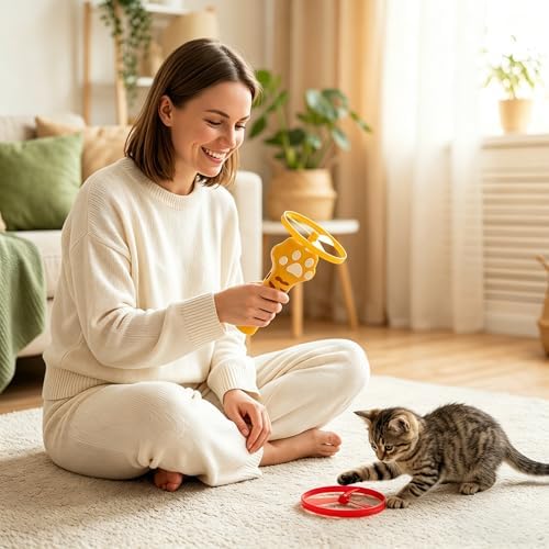 Cat Dog Launcher Toy, Rechargeable Interactive Pet Toy with LED Lights Cat Fetch Toys with 6 Flying Spinner Discs, 8pcs Cat Spring Toy, Adjustable Launch Control for Hunting Indoor Outdoor