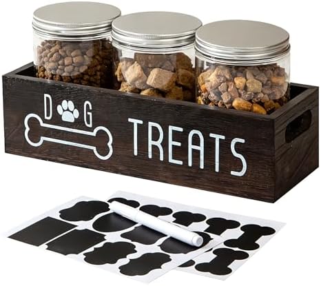 Dog Treat Container with 3 Airtight Jars, Wood Pet Organizer, Black