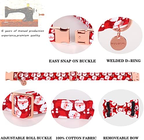 DOGWONG Christmas Dog Collar with Bow tie, Red Santa Claus Dog Collar Soft Durable Adjustable Cotton Puppy Collar for Small Medium Large Dog