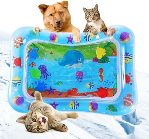 Pet Water Sensory Mat, Floating Fish Interactive TPU Thickened Water Bed Cooling Pad, Anti-Scratch Water Filled Play Matfor Cats Dogs Kittens Puppies Pets in Summer (Rectangle A)