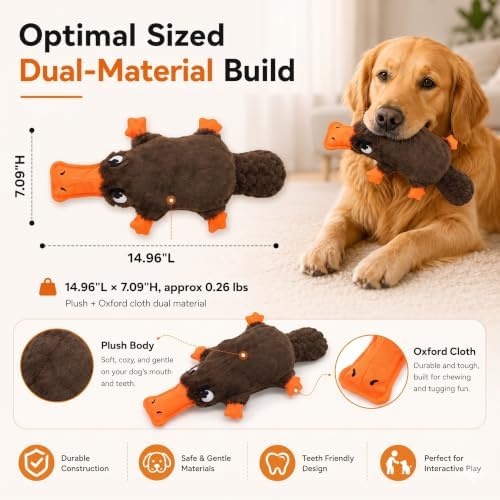 Platypus Squeaky Dog Plush Chew Toy, Interactive Tug Squeaky Toy for Chewers, Medium Large Dogs & Fetch Play, 15 Inch Stuffed Play Toy with Thick Oxford Cloth Beak for Gentle Gum Care