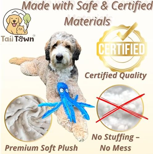Octopus Dog Toy, No Stuffing Plush Squeaky Crinkle Toy to Keep Dogs Busy, Interactive Chew Toy for Puppies Small Medium Large Dogs, Blue, Tail Town