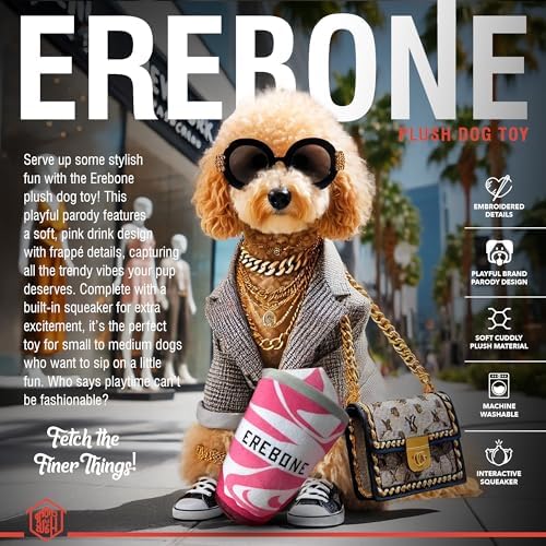 Erebone – Luxurious Parody Plush Dog Toy with Squeaker, Premium Fabric, Embroidered Details, Designer-Inspired Chew Toy, Fun Gift for Large Dogs & Dog Lovers