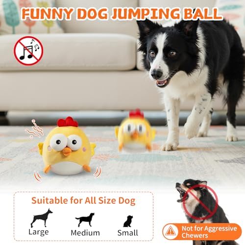 Interactive Dog Toy Ball, Upgrade Automatic 1.5H Jumping Ball with Motion Activation for Small Large Dogs, 2 in 1 Rechargeable Move Plush Toy Pets Keep Busy, No Music (Yellow Chicken)