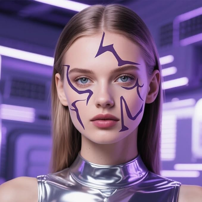 Purple Temporary Tattoo Stickers – 5PCS Movie Anime Kpop Theme Purple Tattoos Realistic Waterproof Body Art for Cosplay, Halloween, and Party Makeup (For Face Only)