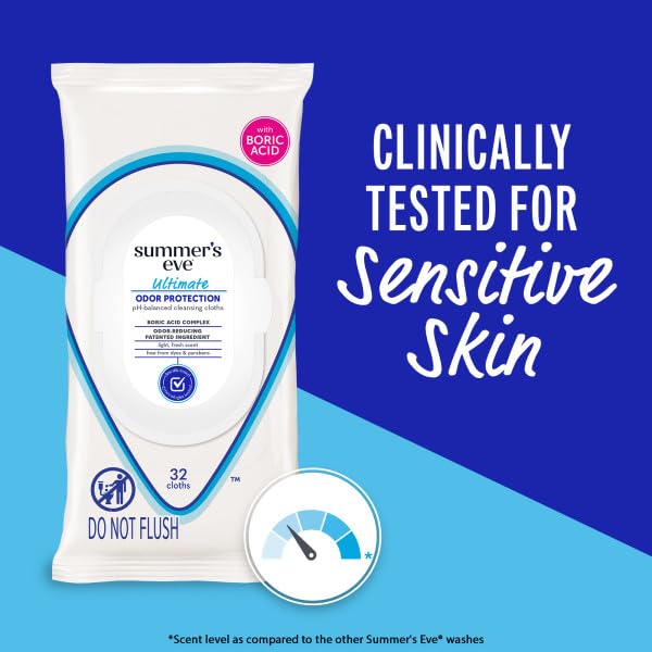 Summer’s Eve Ultimate Odor Protection Feminine Cleansing Wipes, Daily Intimate Cloths, with Boric Acid Complex, pH Balanced, Removes Odor, 32 Count (Pack of 6)