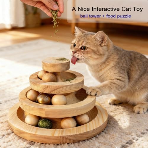 Solid Wood Cat Ball Track,Heavy Duty 3-Tier Interactive Cat Toy Tower with 9 Removable Balls,Bell & Catnip,No Assembly Required,Anti-Tip Sturdy Base for Indoor Cats, Kittens & Large Cats