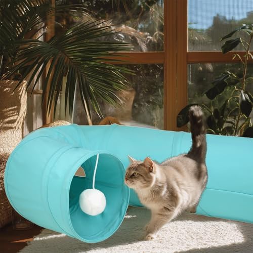 Cat Tunnel, 2-Way Collapsible Cat Tube with Interactive Peek-A-Boo Hole, Toy Ball, and Rope – Ideal for Indoor Cats, Kittens, and Rabbits (Light Blue)