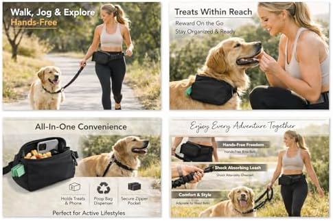 Hands Free Dog Leash with Dog Treat Pouch - Stylish & Trendy Waist Leash for Dog Walking - Wear on Waist or Crossbody - Durable & Detachable - Shock Absorbing - Waste Bag Dispenser - Walk or Run