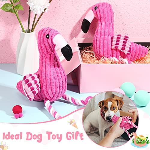 Sotiff 2 Pack Pink Flamingo Dog Plush Cute Squeaky Puppy Teething Plush Animal Interactive Stuffed Rope Pet Fake Birds for Small Medium Large Dogs Birthday Gifts