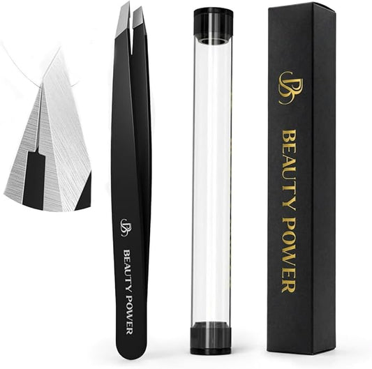 Professional Ultra-Precision Slant Tweezers for Women Facial Hair - German Stainless Steel, Tweezers for Men & Women, Black Eyebrow Tweezer for Ingrown Hair - Black