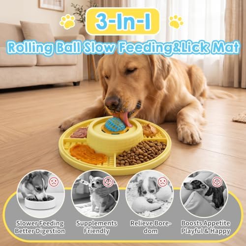 Interactive Dog Lick Bowl & Mat with Rolling Ball, Slow Feeding Toy