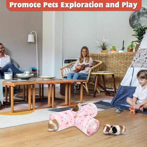YUEPET Guinea Pig Tunnel, Guinea Pig Toys, 3-Way Play Tunnel Hideout, Pink
