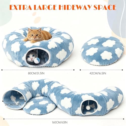 Cat Tunnel Bed with Toys – Large Collapsible Play Tube (Blue)