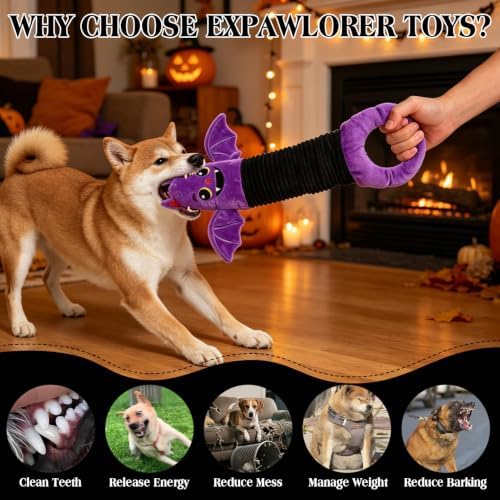 EXPAWLORER Halloween Squeaky Dog Toy - Durable Interactive Plush Bat with Squeaker & Crinkle, Stretchy Tug of War Toy for Small Medium Large Dogs to Keep Them Busy - Soft Pet Teething Stuffed Animal