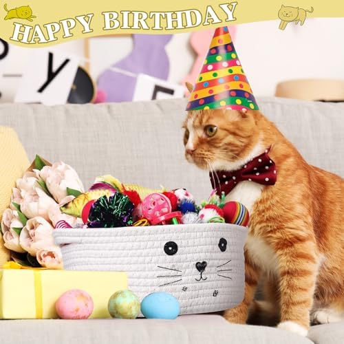 Zopeal 58 Pcs Summer Cat Storage Basket Gift Toys Set, Colorful Flashing Balls Pet Bell Crinkle Balls Spring Toys Attract Cat to Swat, Hunt, Interactive for Pet(White,9.8 Inch)
