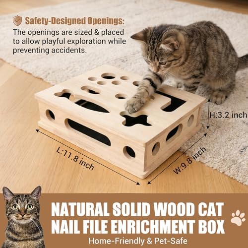 Cat Scratch Puzzle Enrichment Box, Wood Interactive Cat Toy with Sandpaper