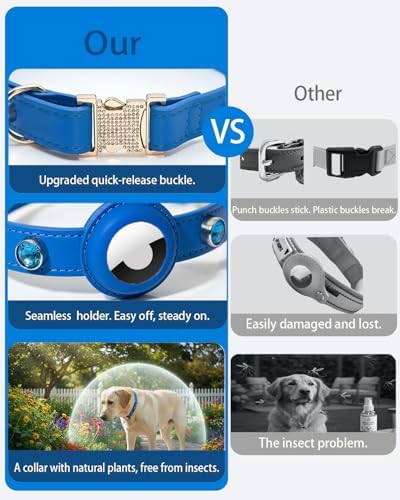 Upgraded AirTag Dog & Cat Collar - Adjustable Diamond-Studded Leather Dog Collar with Quick-Release Buckle | Luxurious Jewelry Accessory for Small, Medium, and Large Dogs & Cats (S (9"-11.5"))