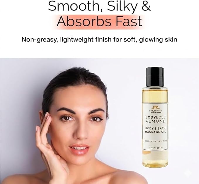 Almond BodyLove Massage Oil – 100% Food-Grade, Organic Hydrating Body Oil with Calendula – Non-GMO, Vegan, Gentle on Sensitive Skin – 3.5 oz