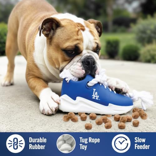 MLB Los Angeles Dodgers Cleat Sneaker Spike Dog Toy, Baseball Treat Dispenser Chew Toy for Dogs, Interactive Rope Tug Toy, Slow Feeder Natural Rubber Dog Toy with Official Team Logo