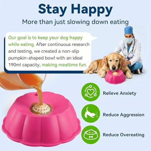 Dog Lick Bowl Ball Slow Feeder, Licking Bowl for Liquid Treat with Rolling Spin Sphere Roller Licker, Licky Feed Calming Anxiety Relief Enrichment Yogurt (Pink)
