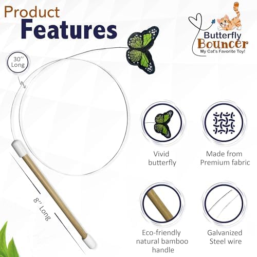 Butterfly Bouncer - Butterfly on Wire Bounces to Mimic a Real Butterfly's Flight - Interactive Cat Toy - Cats/Kittens Play Catch Chase Exercise-Comfortable Bamboo Handle-Stocking Stuffer-Made in USA