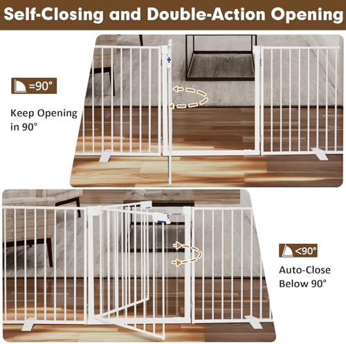 156" Extra Wide Dog Gate, Heavy Duty Metal Freestanding Dog Gate with Door for Indoor & Outdoor, Foldable Pet Fence for Doorways,House,Porch,Deck,Yard,Stairs, Auto Close(6 Panels,White)