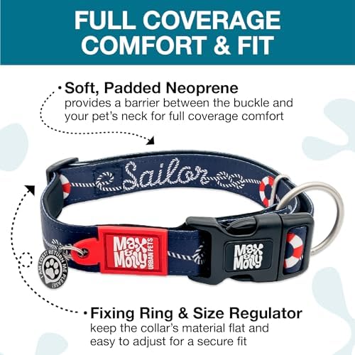 Max & Molly Urban Pets Smart ID Dog Collar - Soft Neoprene, Waterproof, Machine Washable, Power Buckle, Gotcha! QR Tag & Custom App Profile, Sailor L