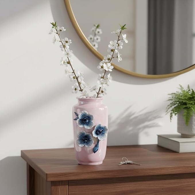Pink Ceramic Vase 7 Inch - Cute Small Vase for Flowers, Aesthetic Room Decor for Teen Girls, Coquette & Pink Office Decor