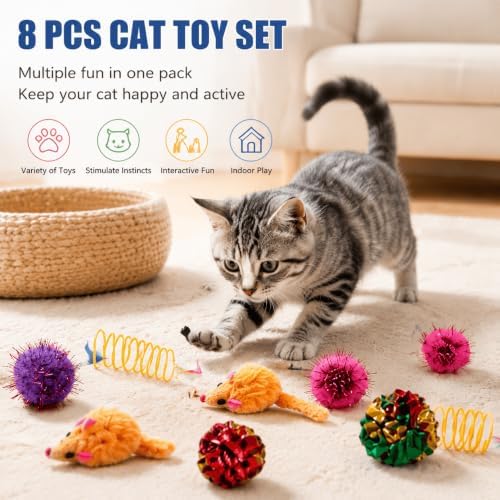 LOS ANDES 8 Pack Cat Toy Assortment, Interactive Crinkle Balls Plush Mice Spring Toys, Indoor Boredom Relief Toys for Kittens & Cats