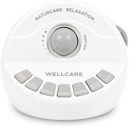 WELLCARE-Naturcare Sound Relaxation: White Noise, 7 Nature Sounds, Sleep Sound Machine, Calm Infants, for Baby, Kids, Adult. Stepless Volume, Timer, Powered by Adapter(Incl.) or Batteries(Not Incl.)