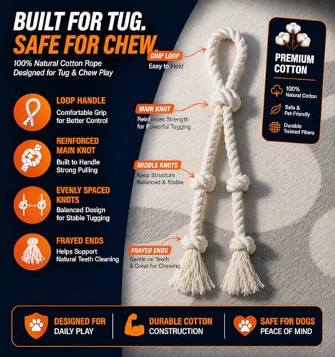 Dog Rope Toy 2 Pack, 18 in Heavy Duty Cotton Tug Toy for Medium Large Dogs, Interactive Tug of War & Chew Rope, Natural Undyed, Teeth Cleaning