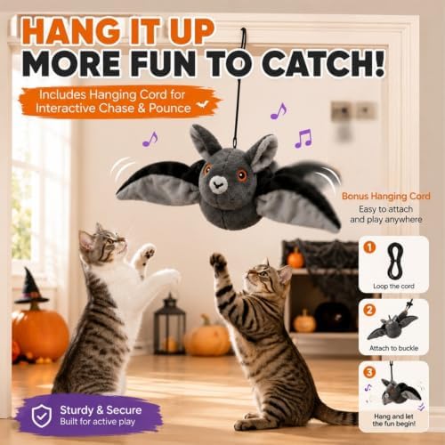 Flying Bat Dog Toy, Flapping Bat Dog Toy for Dogs & Cats, Flapping Wings Interactive Pet Toy with Chirping Sounds, Hanging and Ground Play with Detachable USB Rechargeable，1pcs