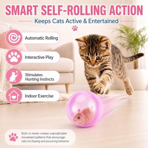 Self-Rolling Interactive Cat Ball Toy, Automatic Moving 360° Electric Pet Rolling Ball with Smart Obstacle Avoidance, Fun Interactive Pet Ball for Cats Dogs Chasing, Realistic Plush Animal Inside，A