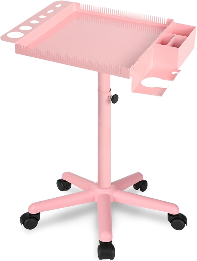 Extension Salon Tray Hair Extension Cart Tray Pink Multi-Function Extensions Rolling Tray with Blow Dryer Holder and Storage Platform