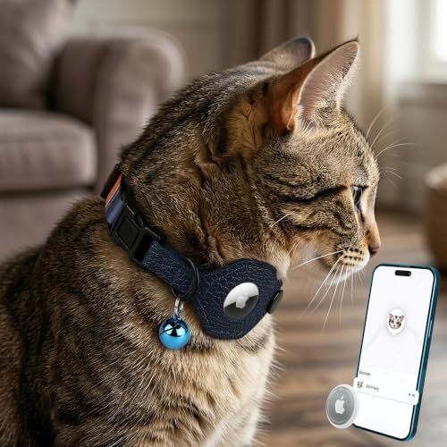 Breakaway Cat Collar with Leather AirTag Holder & Bell - Apple Air Tag Cat Collars for Girls & Boys, Lightweight Anti-Lost GPS Tracker Design, Printed Pattern - Safety and Adjustable (Multicolor)