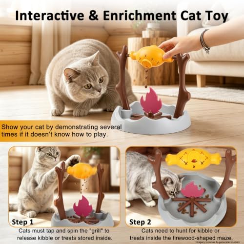 SZEE Cat Treat Dispenser Toy, Foraging Interactive Cat Toy, Puzzle Feeder | Slower Eating Training, Keeps Pets Busy, Cat Enrichment Toy, Prevents Overeating ( Campfire-Roast Shape )