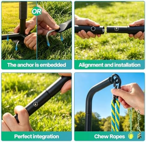 PAWISE Tether Tug Dog Toy for Yard with 2 Accessories (Tug Rope & Ball), Outdoor Spring Pole Adjustable Height 28.3"-40.6", Self Play Interactive Toy for Small Medium Large Dogs