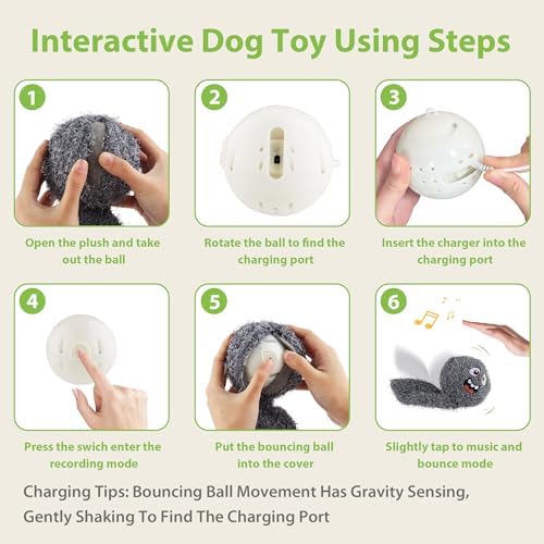 PETGEEK Interactive Dog Toys Ball - Rechargeable, Squeaky Plush Crazy Bouncer Dog Ball with Wiggles & Vibrations, Durable Moving Vibrating Toy for Small, Medium, Large Dogs (6 Inches, Gray)