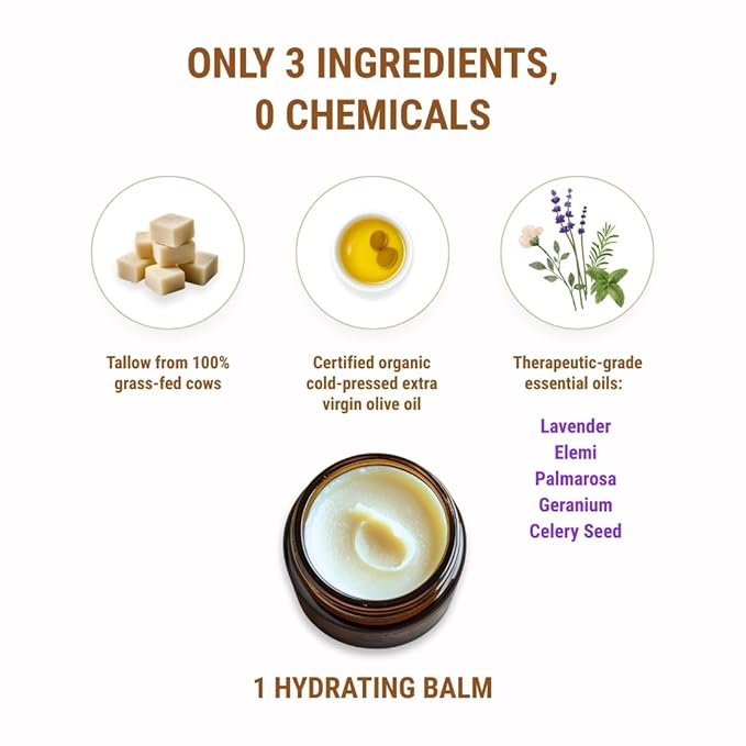 Vintage Tradition Beef Tallow All Purpose Balm - Healing, Hydrating Floral Skin Care Salve Replaces Body Lotion, Hand Cream, More - Essential Oil, Olive Oil, and Grass-Fed Tallow, 2 fl. oz.