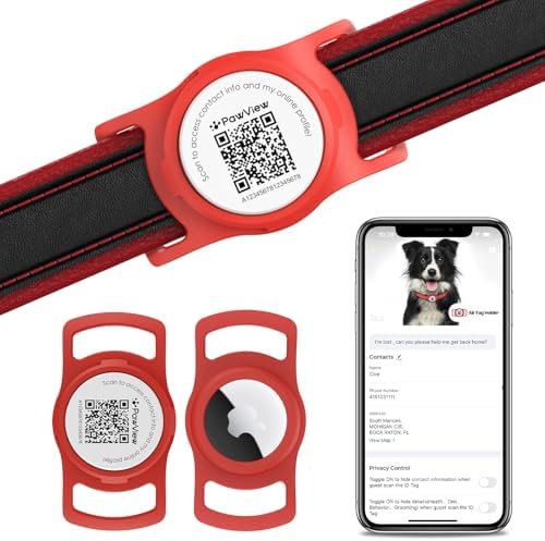 for air tag Dog Collar Holder with QR ID, Durable & Waterproof Silicone for air tag Case Accessories, Scan Alert, Instant Location, Pet Online Profile, Contacts Info (1 Pack, Red)