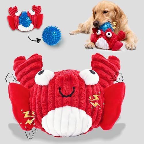 Squeak Dog Toys for Aggressive Chewers, No Stuffing Squeak Dog Chew Toys for Aggressive Chewers, Interactive Dog Toy Ball with Crinkle Paper for Medium Dogs, Large & Small Breeds (A-Red Crab)